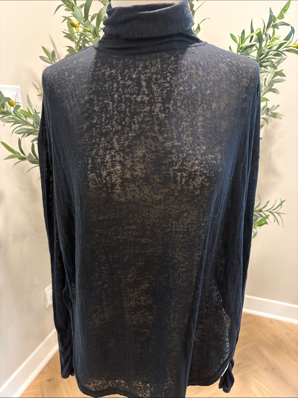 Free People Sheer Black Turtleneck Long Sleeve Top, black S